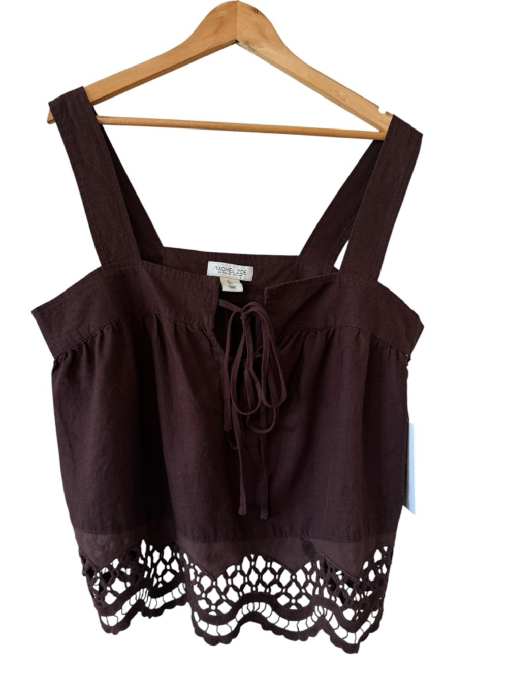 RACHEL ZOE Linen Blend Eyelet Hem Tie Front Brown Tank Top Size L NEW - Picture 2 of 7